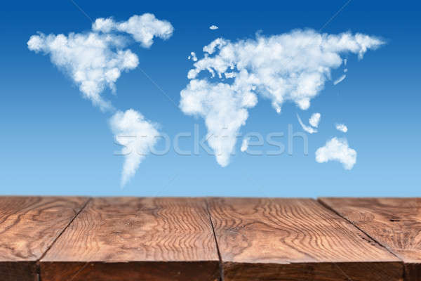 ストックフォト: 木製のテーブル · 世界地図 · 雲 · 空 · 空っぽ · 白