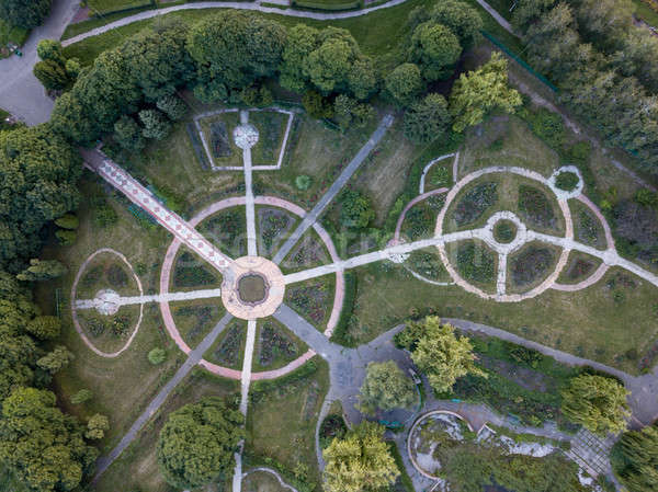Stock photo: Park alleys of round shape in the botanical garden. The photo from the drone is strictly from above.