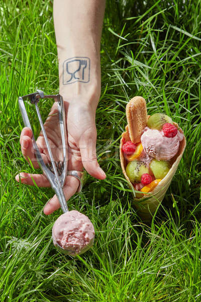 Fruit ice cream in waffle cone Stock photo © artjazz