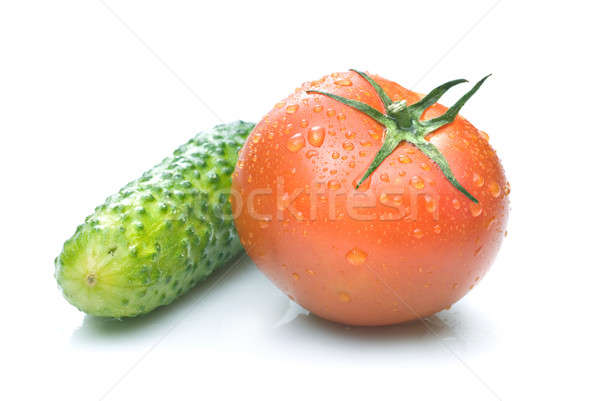 red tomato and green cucumber with water drops isolated on white Stock photo © artjazz