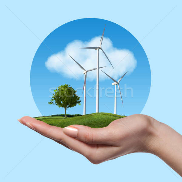 Turbine eoliene copac femeie mână luncă Blue Sky Imagine de stoc © artjazz