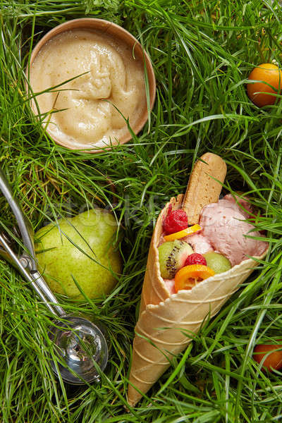 Stock photo: Berry ice cream in waffle cone