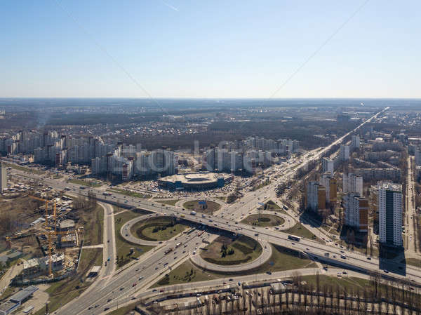 Kiev, Ukraine - April 7, 2018: aerial view roadway system in Kyiv. There are many cars on the roads. Stock photo © artjazz