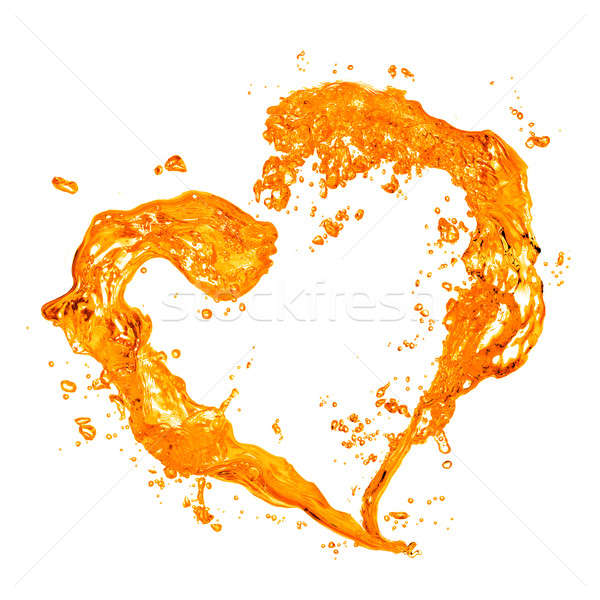 Stock photo: Heart from yellow water splash with bubbles isolated on white