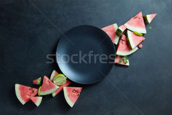 Stock fotó: Fekete · tányér · szeletek · friss · görögdinnye · étel