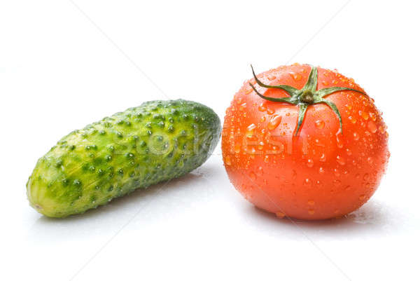 red tomato and green cucumber with water drops isolated on white Stock photo © artjazz
