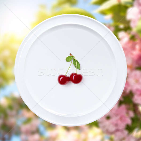 Cherry on white plate against sakura flowers Stock photo © artjazz