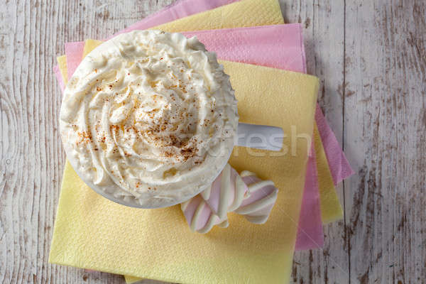 hot chocolate with marshmallows and cream on wooden background Stock photo © artjazz