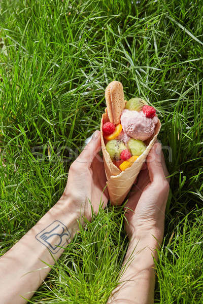 Berry ice cream in waffle cone Stock photo © artjazz