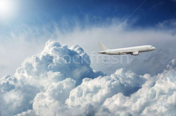 Foto stock: Avião · voador · dramático · céu · luz