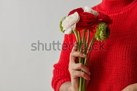 A fresh bouquet of flowers Ranunculus in the hands of a woman on a gray background. Card Stock photo © artjazz