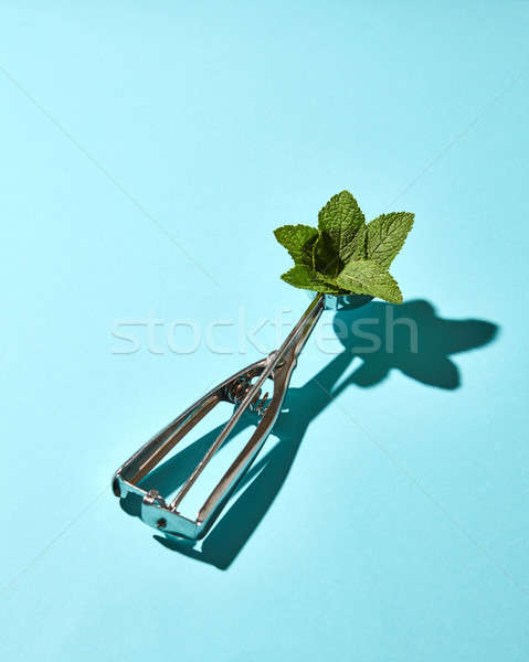 The spoon for ice cream with mint leaves on a blue background with hard shadows. Food concept. Stock photo © artjazz