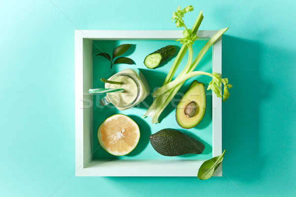 Vegetable smoothies from avocado, asparagus, spinach, cucumber, celery with flax seeds in square fra Stock photo © artjazz