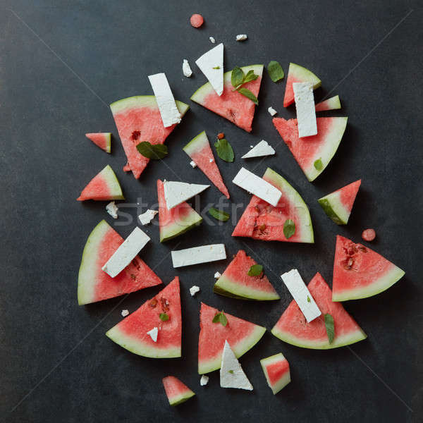 Wassermelone Scheiben Hüttenkäse schwarz konkrete top Stock foto © artjazz