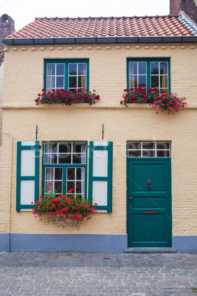 Old town building with door and flowers in windows. Stock photo © artjazz