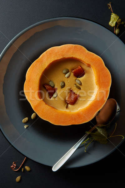 Foto stock: Crema · calabaza · sopa · semillas · negro · feliz