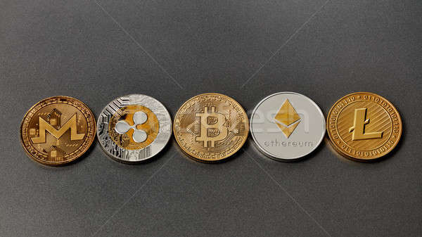 Five different coins of crypto-currencies presented in a row on a dark background. Virtual money con Stock photo © artjazz