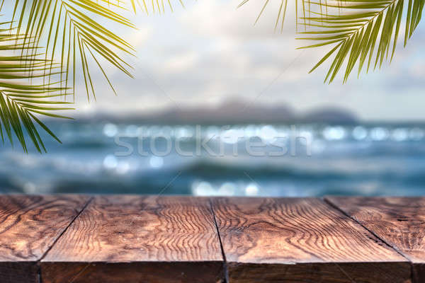 Stock foto: Strand · verschwommen · Palmblättern · Jahrgang · Altholz · Tabelle
