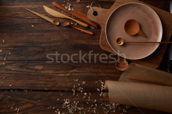 Composition of kitchen devices on wooden table Stock photo © artjazz