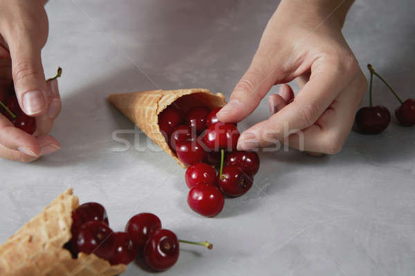 The girls hand puts a ripe fresh cherry at the sweet waffle cone Stock photo © artjazz
