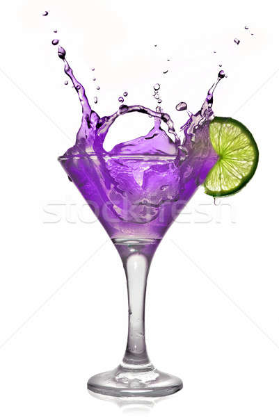 Violet alcohol cocktail with splash and green lime isolated on white Stock photo © artjazz