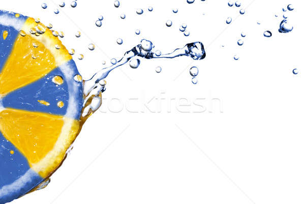Stock photo: fresh water drops on orange isolated on white with ukranian colors