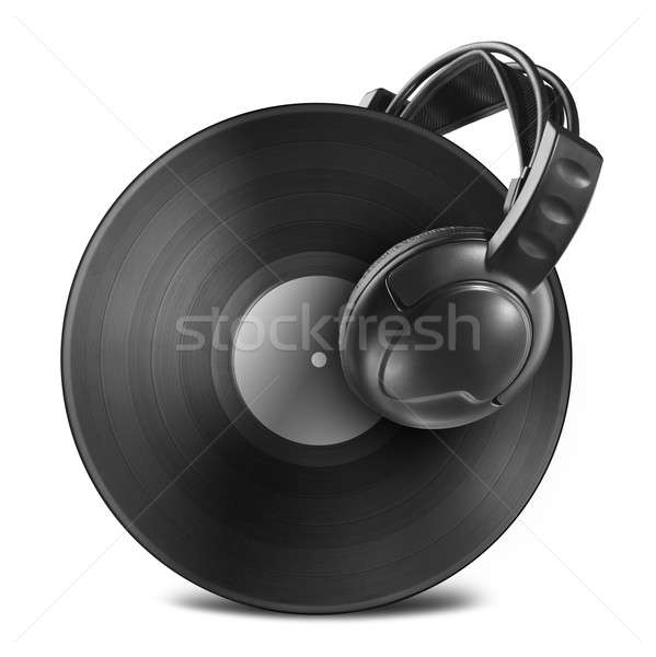 Black vinyl record disc with headphones isolated on white Stock photo © artjazz