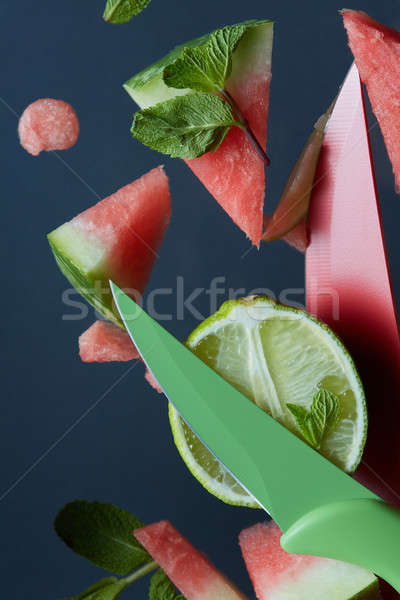 Wassermelone Kalk Scheiben Messer Platte Hintergrund Stock foto © artjazz