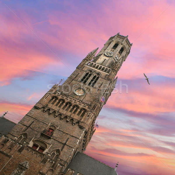 Belfry bell tower on sunset in Bruges Stock photo © artjazz