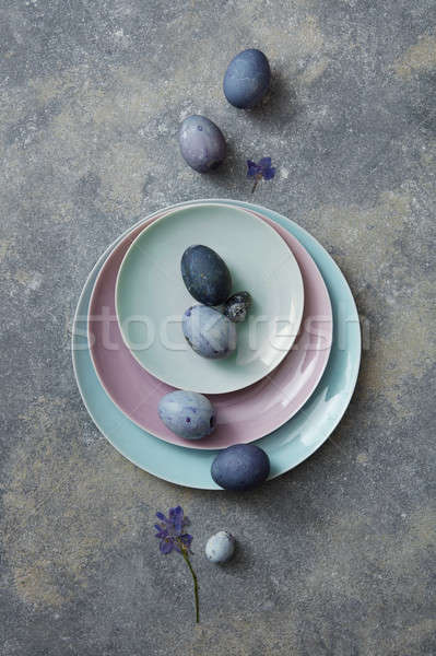 синий пасхальных яиц сушат цветы пластин украшенный Сток-фото © artjazz