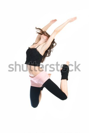 Foto stock: Saltando · jovem · dançarina · isolado · branco · mulher