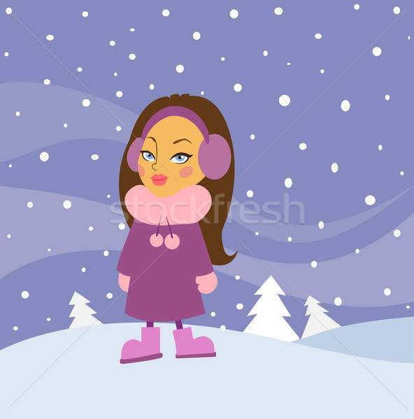 Mädchen Winter Karikatur Schnee Tanne Bäume Stock foto © Artlover