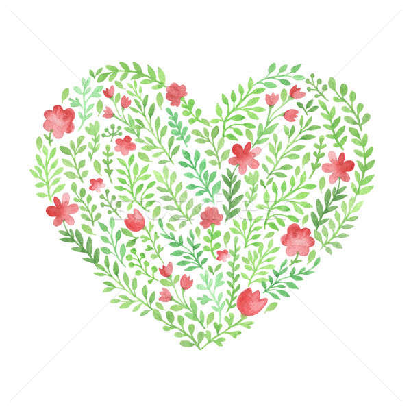 Acquerello floreale cuore foglie verdi rosa fiori Foto d'archivio © Artspace