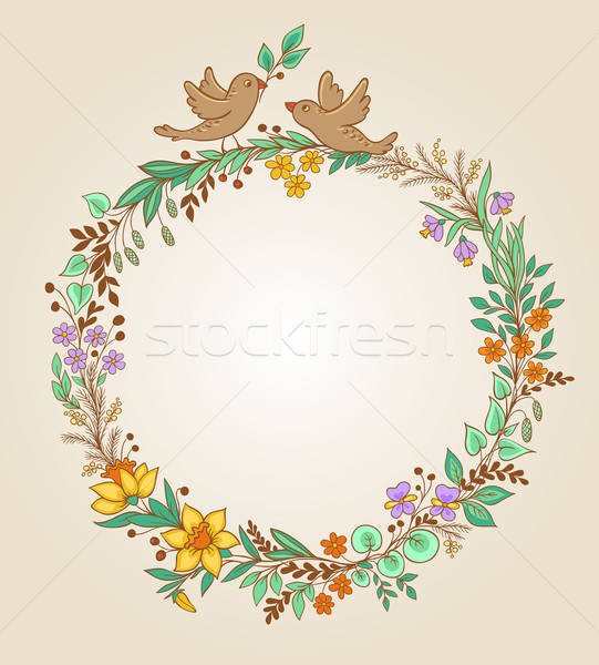 Stock fotó: Koszorú · virágok · levelek · dekoratív · madarak · tavasz