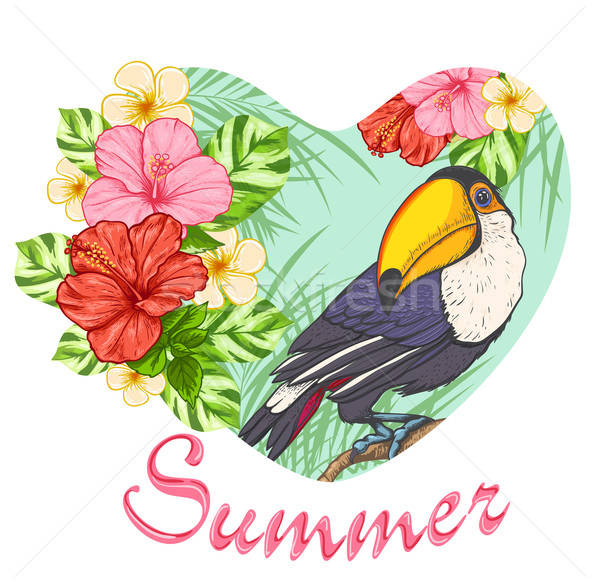 Pink tropical flowers and toucan Stock photo © Artspace