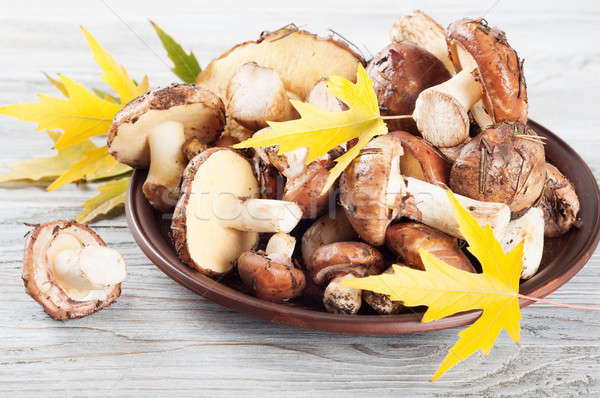 Mushrooms and maple leaves in a plate  Stock photo © Artspace