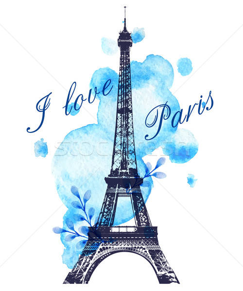 Stock photo: Blue watercolor blots and Eiffel Tower
