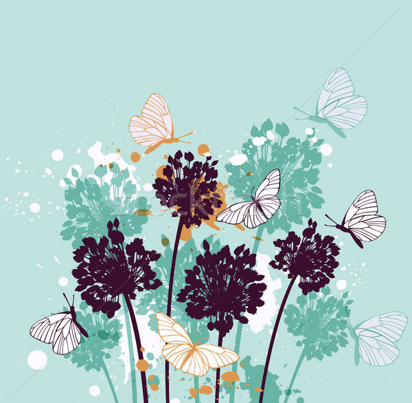 Fluturi flori salbatice verde decorativ primăvară fundal Imagine de stoc © Artspace