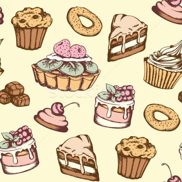 Stock fotó: Végtelen · minta · cukorkák · torták · kézzel · rajzolt · klasszikus · stílus