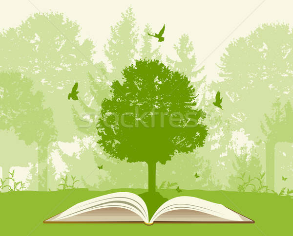 [[stock_photo]]: Livre · ouvert · arbre · vert · oiseaux · écologie · papier · printemps