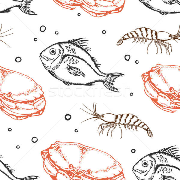 Stock photo: Seamless pattern with crab and fish