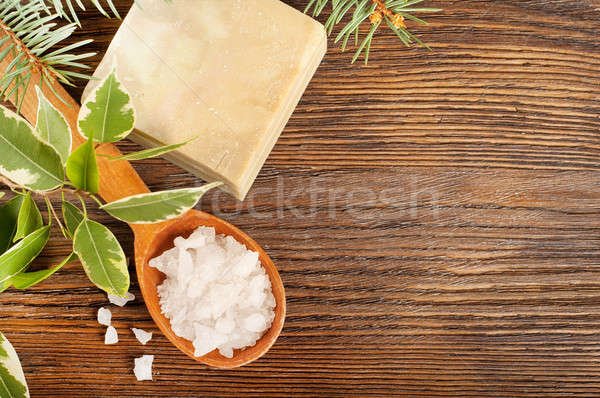 Salt in a wooden spoon and soap Stock photo © Artspace