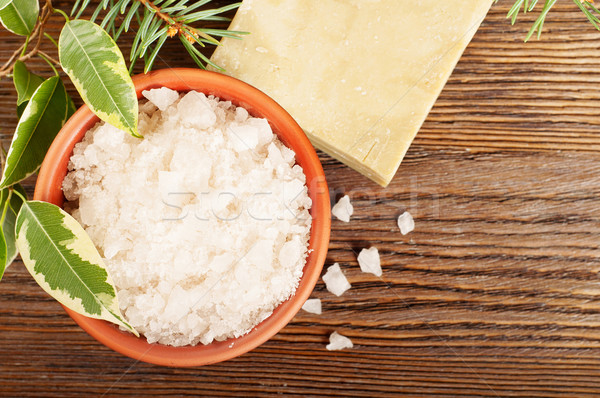 Salt and soap on a wooden background Stock photo © Artspace