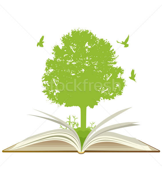 [[stock_photo]]: Livre · ouvert · arbre · vert · oiseaux · blanche · écologie · printemps