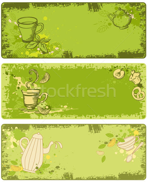 Сток-фото: набор · зеленый · чай · Баннеры · Гранж · стиль · лист