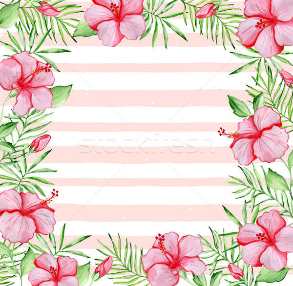 Stockfoto: Aquarel · tropische · frame · Rood · hibiscus