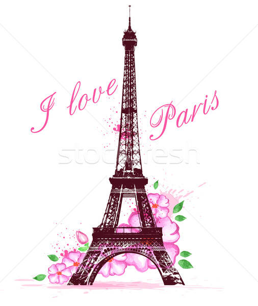 Rose couleur pour aquarelle fleurs Tour Eiffel romantique fleur Photo stock © Artspace