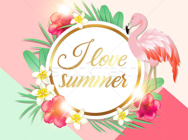 Tropical background with palm leaves and pink flamingo Stock photo © Artspace