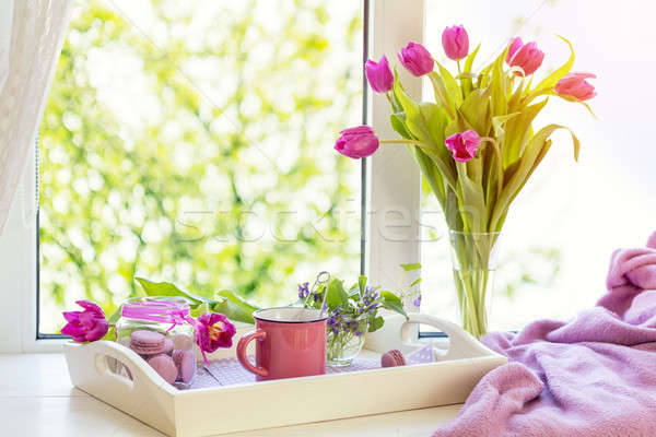Ibolya napsütés kényelmes otthon lila friss Stock fotó © artsvitlyna
