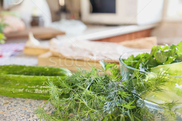 Stockfoto: Vers · peterselie · sla · komkommers · keuken